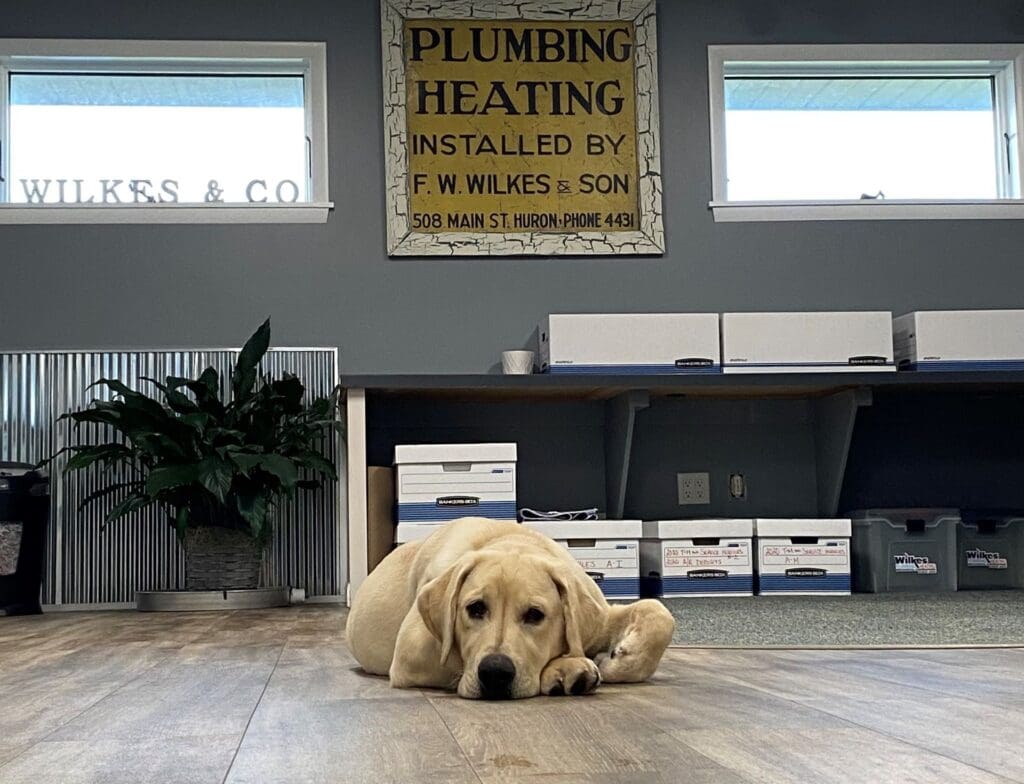 Wilkes office lobby with the original F. W. Wilkes & Son plumbing and heating sign