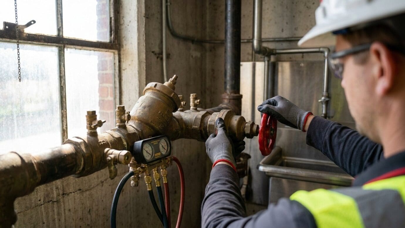 Technician testing a reduced-pressure backflow preventer with a differential pressure test kit