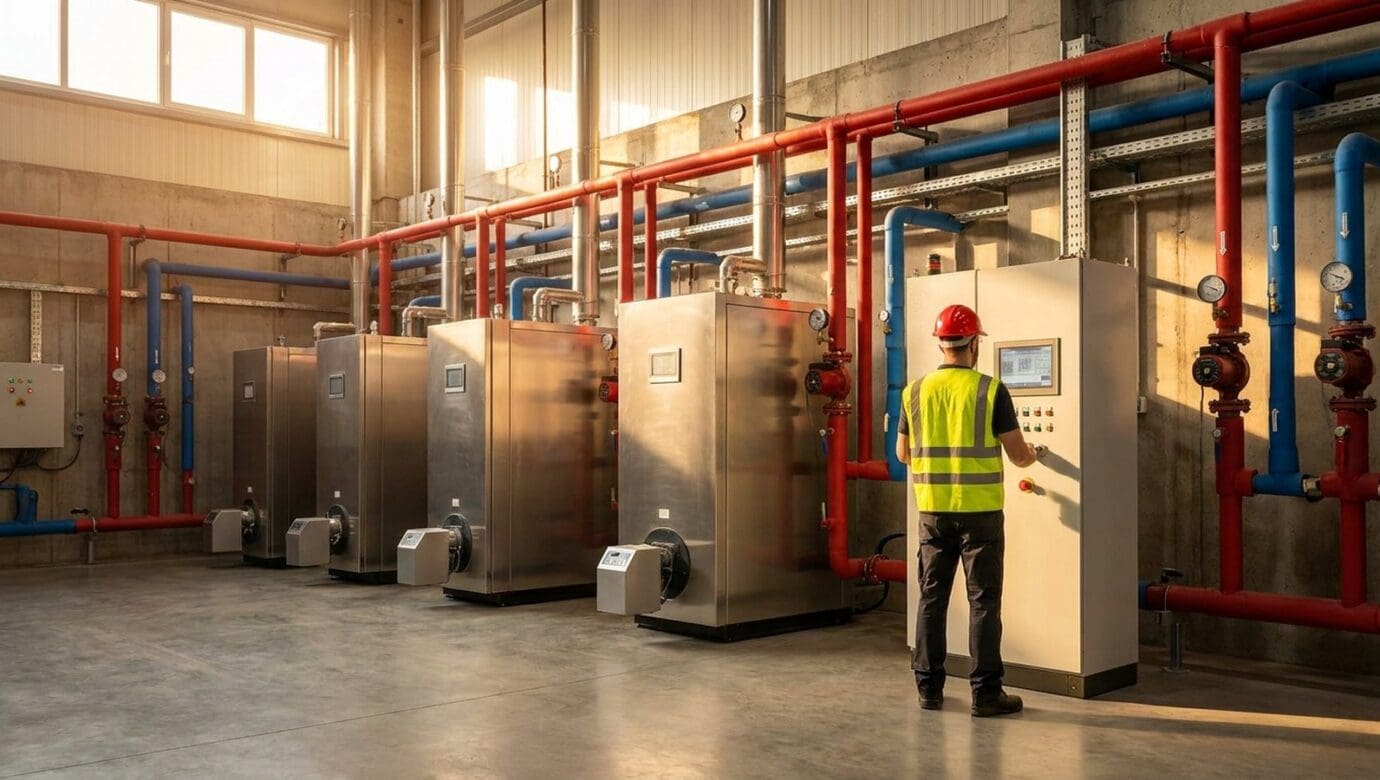 Bank of high-efficiency condensing boilers with red and blue hydronic piping in a commercial boiler room