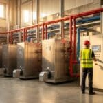 Bank of high-efficiency condensing boilers with red and blue hydronic piping in a commercial boiler room