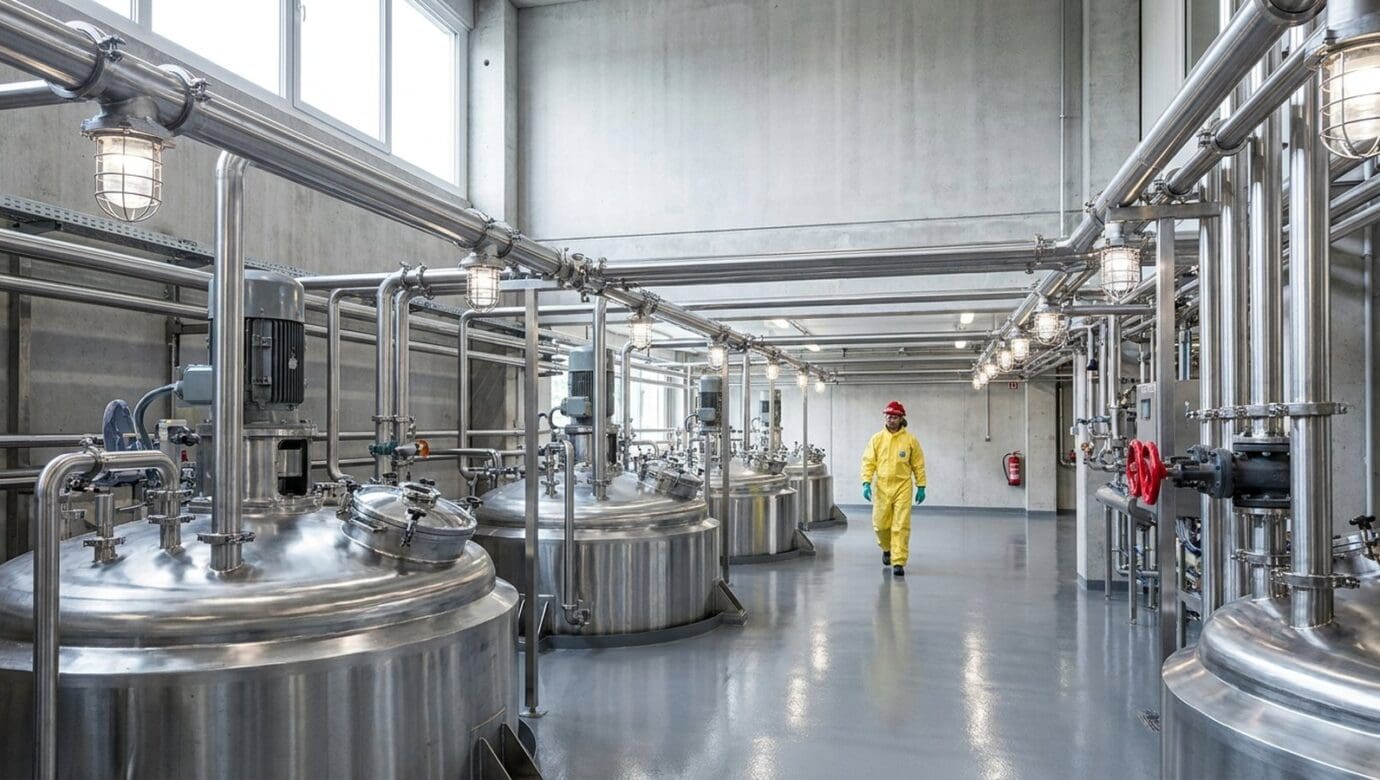 Stainless steel mixing tanks and process piping inside a paint and chemical plant