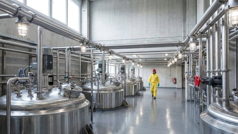 Stainless steel mixing tanks and process piping inside a paint and chemical plant