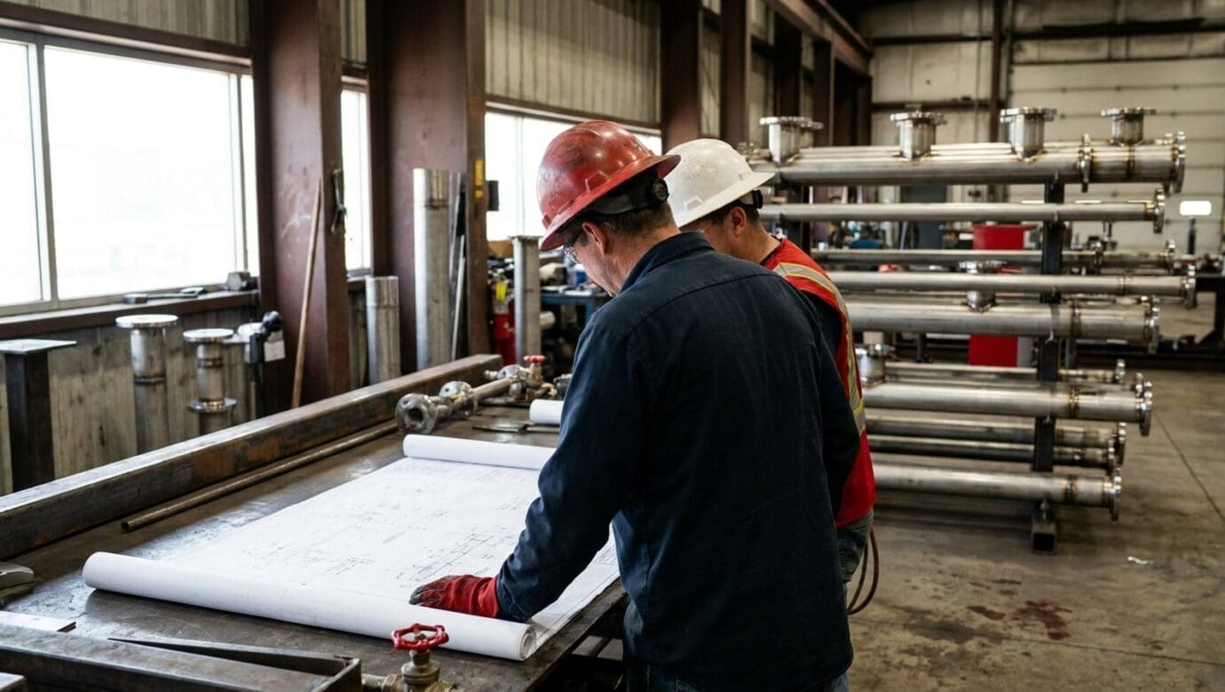 Contractors reviewing piping drawings in a fabrication shop