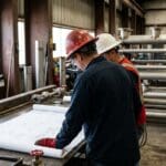 Contractors reviewing piping drawings in a fabrication shop