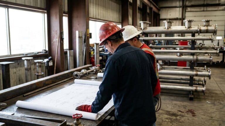 Contractors reviewing piping drawings in a fabrication shop