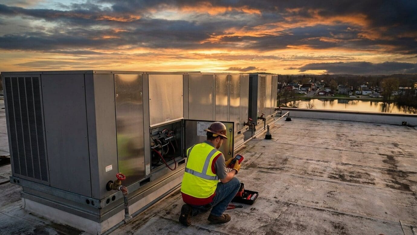 HVAC technician servicing a packaged rooftop unit on a commercial building at sunset