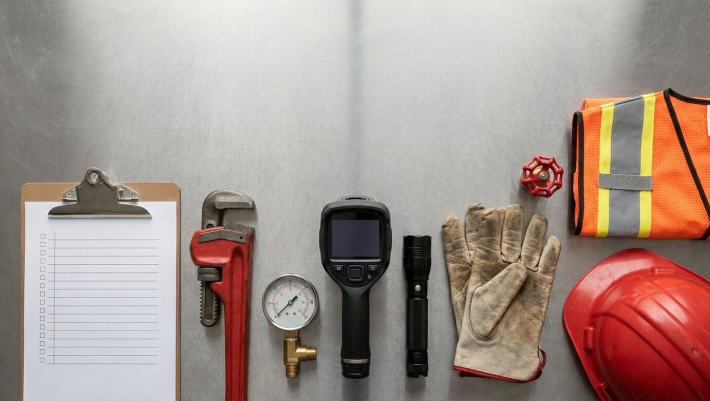 Commercial plumbing maintenance tools laid out with a clipboard and red hard hat