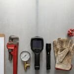 Commercial plumbing maintenance tools laid out with a clipboard and red hard hat