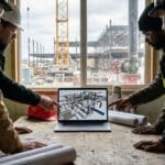 Design-build team reviewing a 3D mechanical model at a construction job site