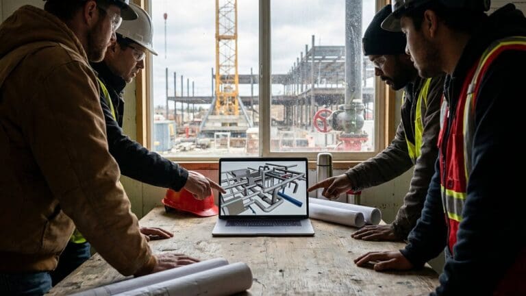 Design-build team reviewing a 3D mechanical model at a construction job site