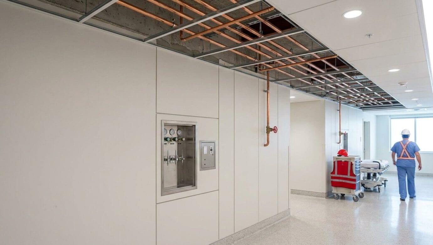 Medical gas zone valve box and copper lines in a hospital corridor