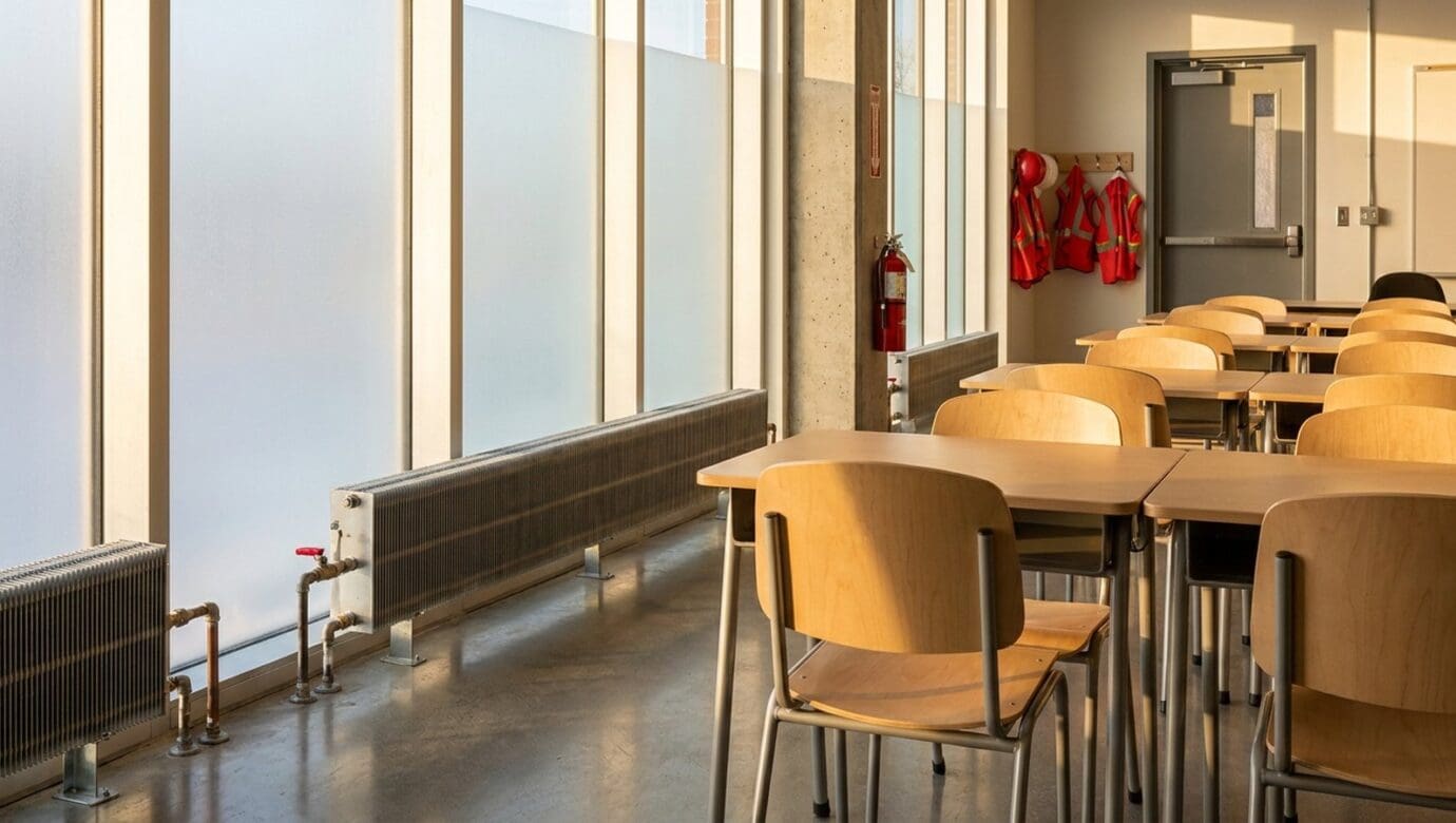 School classroom with hydronic fin-tube radiators under bright winter windows