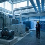 Chilled water piping and pumps in a data center mechanical gallery