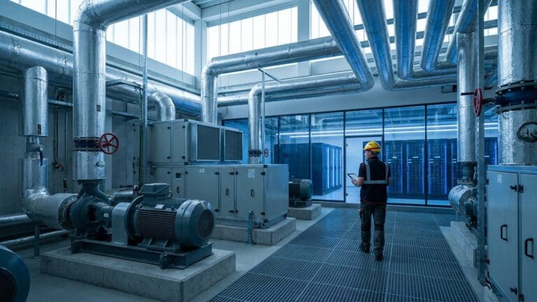 Chilled water piping and pumps in a data center mechanical gallery