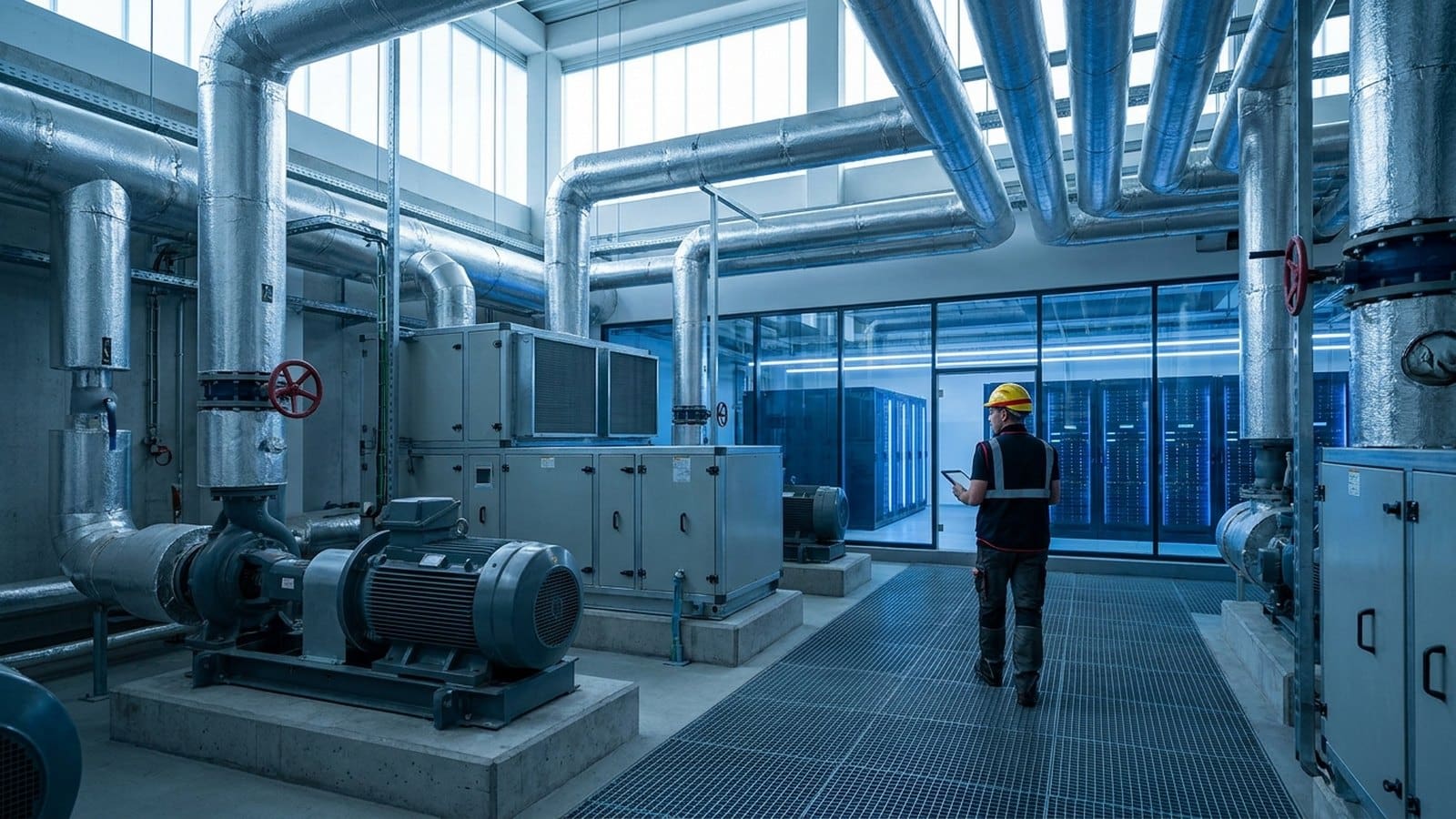 Chilled water piping and pumps in a data center mechanical gallery