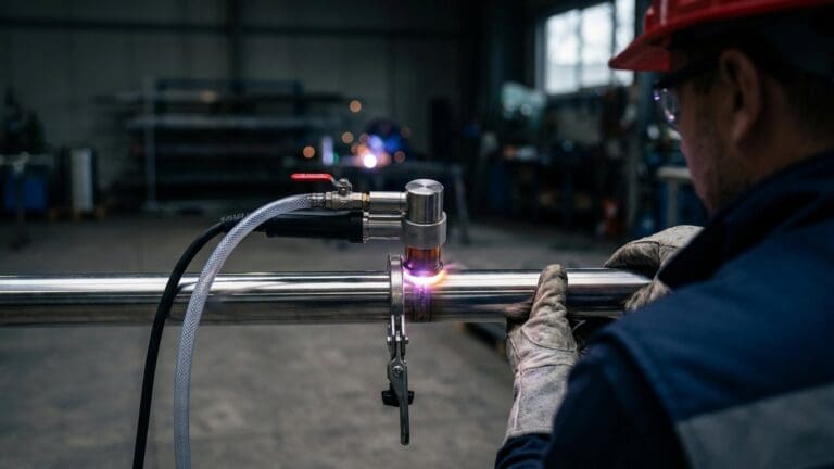 Orbital welding head on a polished stainless steel high-purity tube