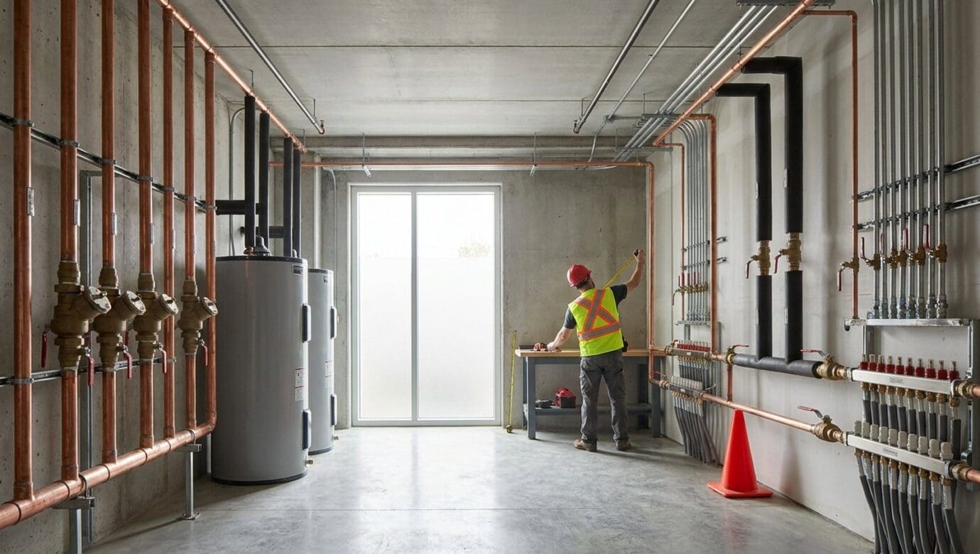 Commercial plumbing mechanical room with copper lines, water heaters and a plumber measuring pipe