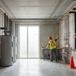 Commercial plumbing mechanical room with copper lines, water heaters and a plumber measuring pipe