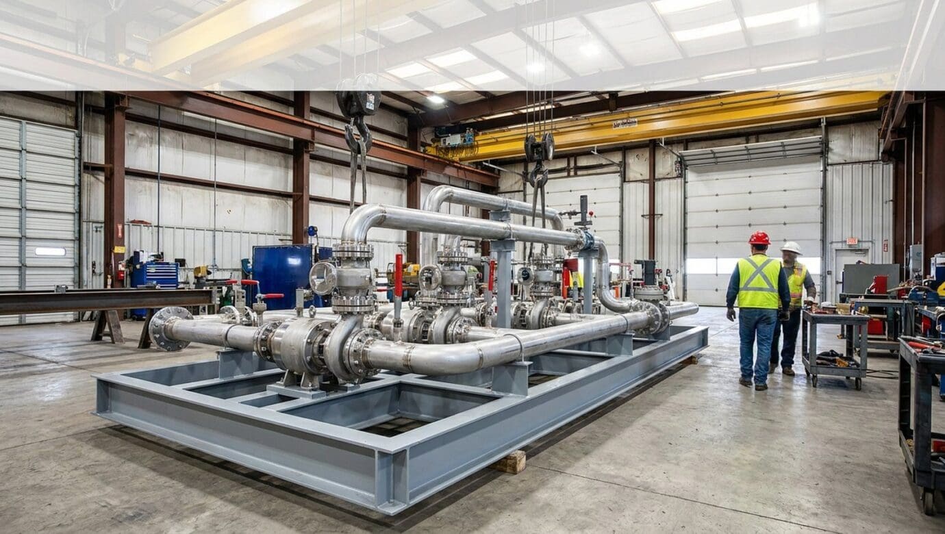 Prefabricated process piping skid assembled in a fabrication shop