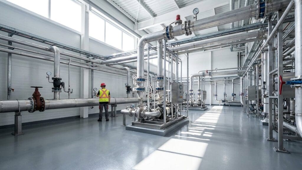 Stainless steel process piping, valves and a pump skid inside an industrial plant