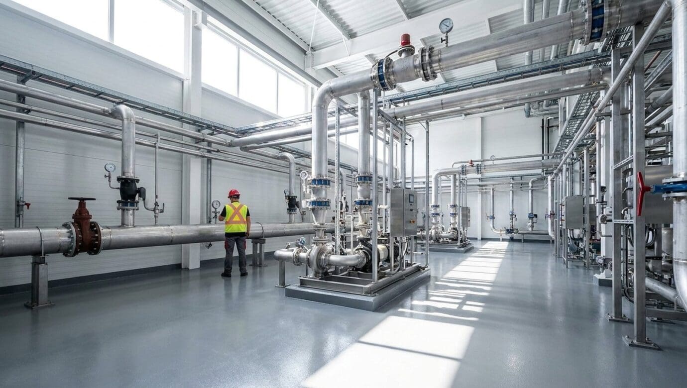 Stainless steel process piping, valves and a pump skid inside an industrial plant