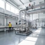 Stainless steel process piping, valves and a pump skid inside an industrial plant