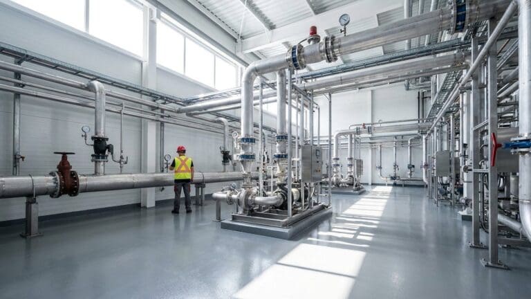 Stainless steel process piping, valves and a pump skid inside an industrial plant