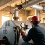 Technician checking the gauge and low water cutoff during boiler maintenance in a school boiler room