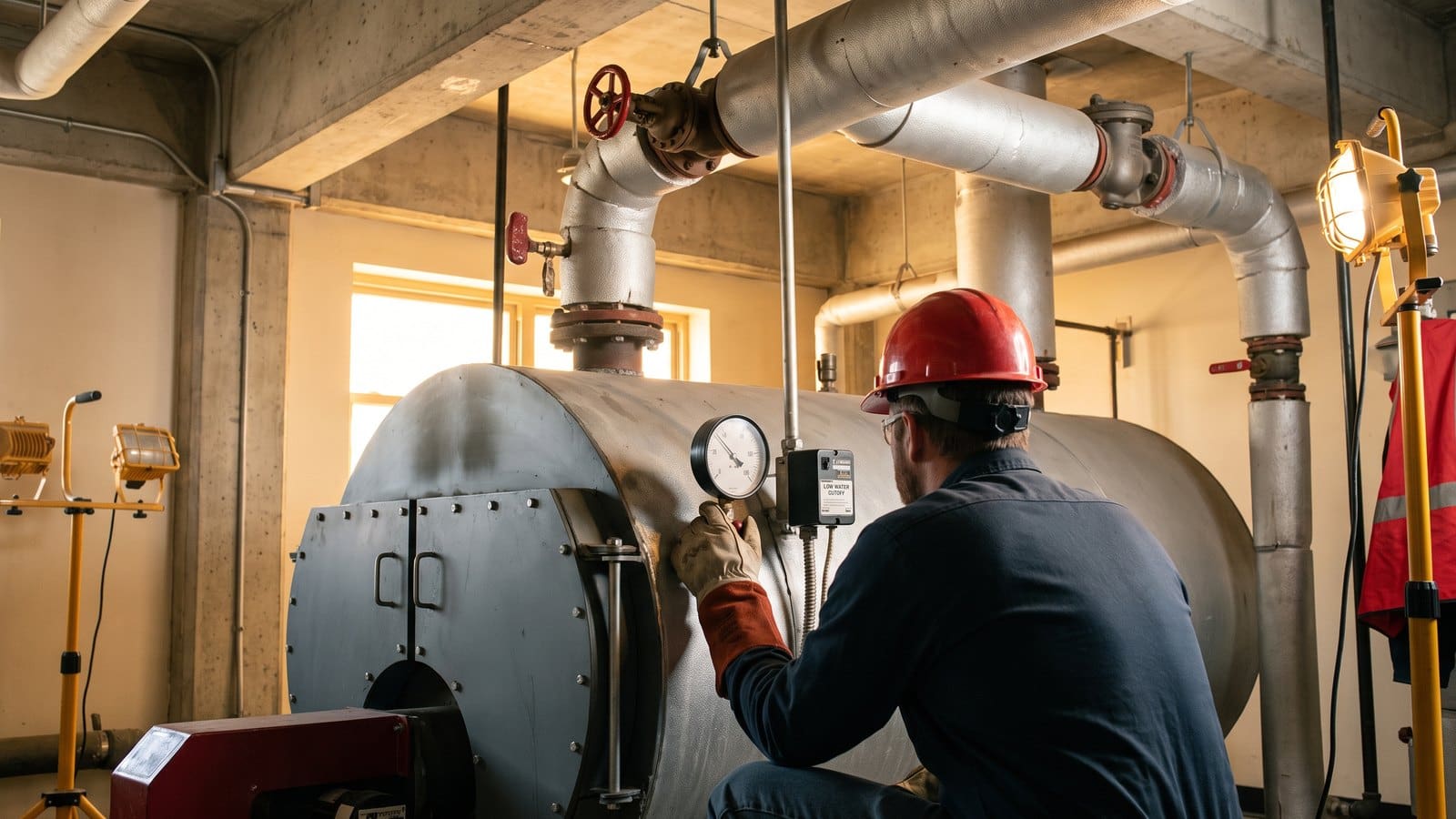 Technician checking the gauge and low water cutoff during boiler maintenance in a school boiler room