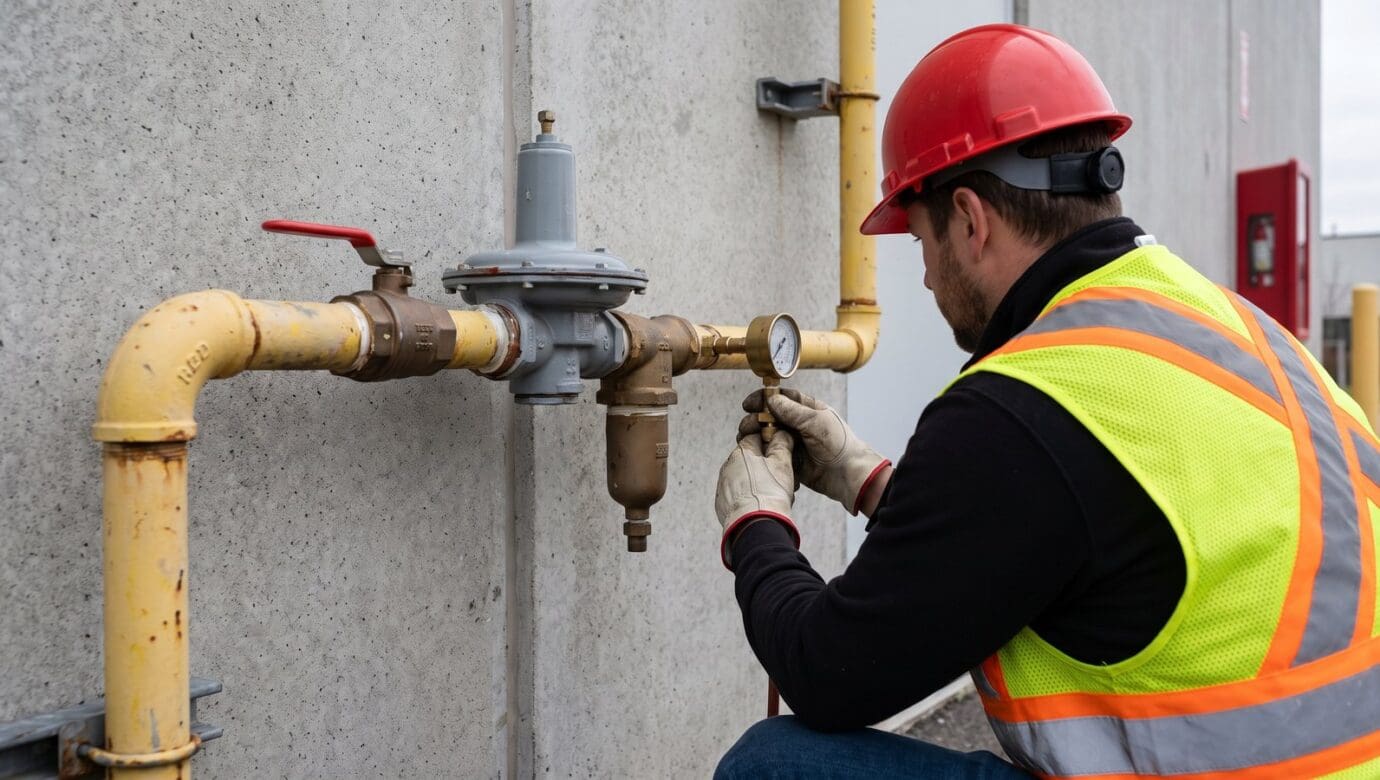 Yellow natural gas piping with a regulator, shutoff valve and drip leg on a commercial wall during a pressure test