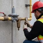 Yellow natural gas piping with a regulator, shutoff valve and drip leg on a commercial wall during a pressure test