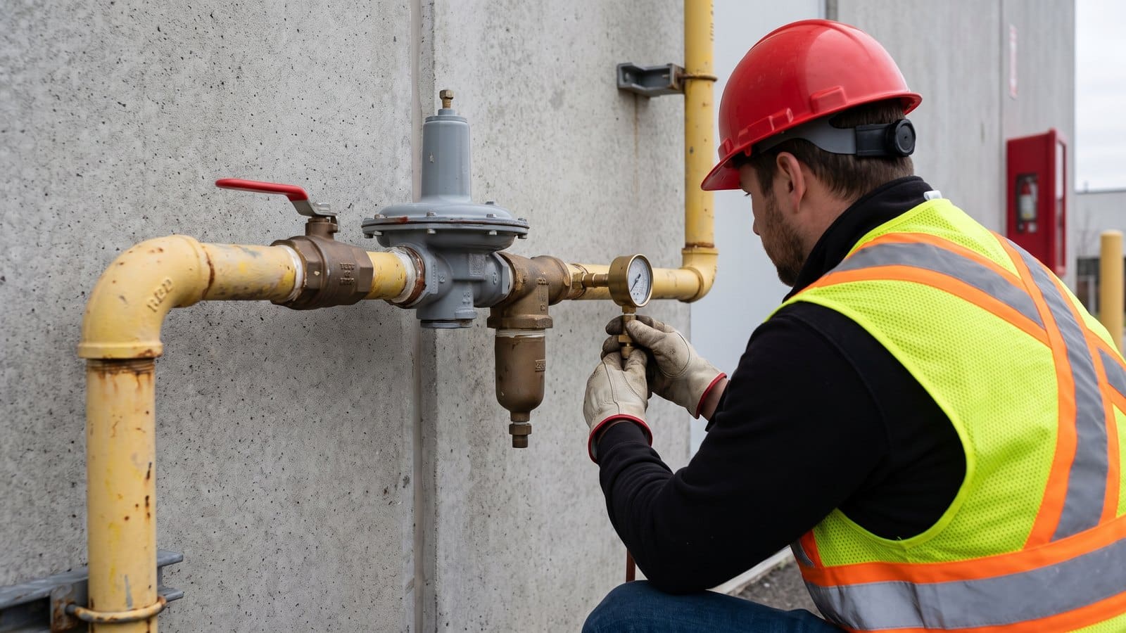 Yellow natural gas piping with a regulator, shutoff valve and drip leg on a commercial wall during a pressure test