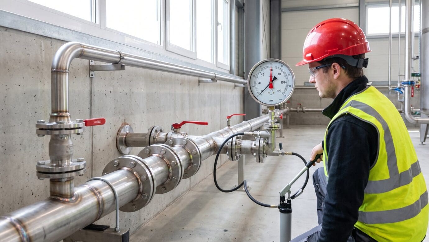 Technician watching a calibrated gauge during a hydrostatic test of new welded stainless steel process piping