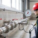 Technician watching a calibrated gauge during a hydrostatic test of new welded stainless steel process piping