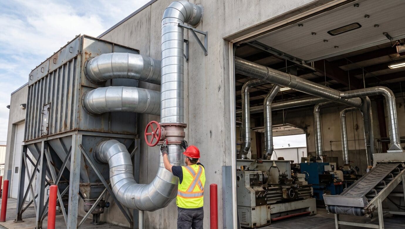 Cartridge dust collection system outside a plant wall, galvanized ductwork, and a technician adjusting a blast gate