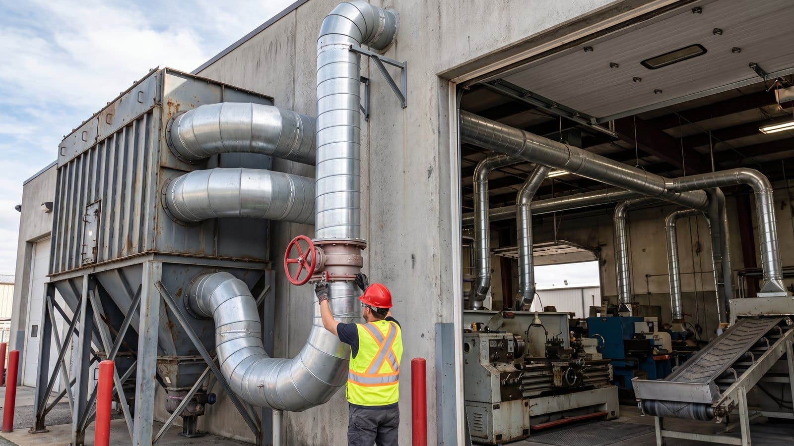 Cartridge dust collection system outside a plant wall, galvanized ductwork, and a technician adjusting a blast gate