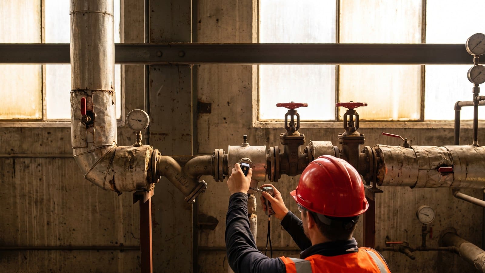 Steam trap station with strainer and isolation valves as a technician tests the trap body with an ultrasonic probe