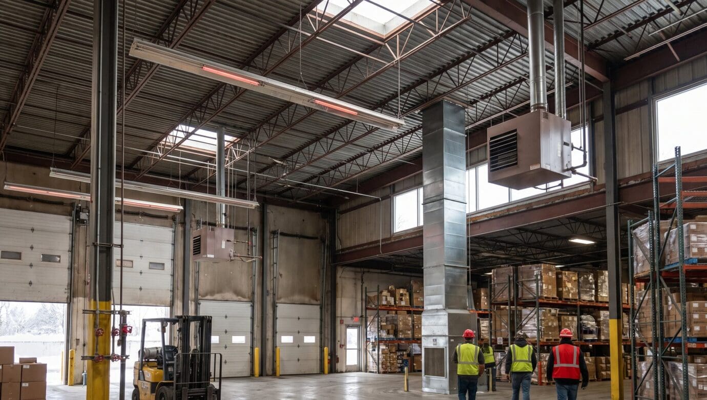 Warehouse heating with infrared tube heaters, unit heaters and a make-up air duct in a Northern Ohio plant in winter